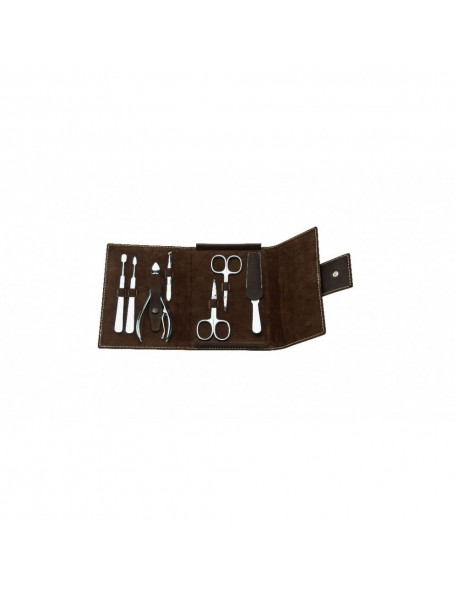 Erbe Manicure Snap Button Case Range "Mountain Bear", Leather Brown, 7 instruments