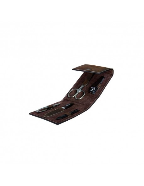 Erbe Manicure Snap Button Case Range "Mountain Bear", Leather Brown, 5 instruments